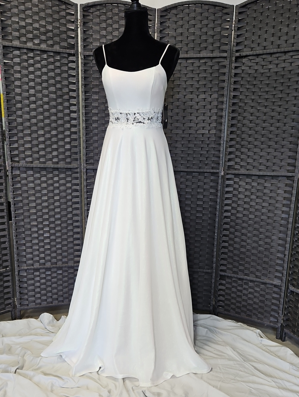 Size 1 (miss 00) white iridescent thin strap scoop neck long full Aline gown NWT